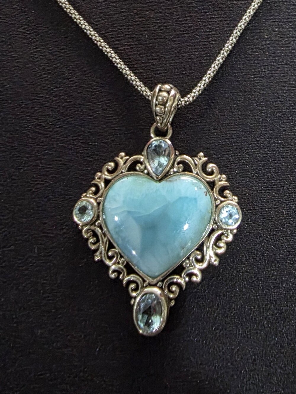 JTV Larimar & Blue Topaz Heart Pendant Necklace 18" Popcorn Chain #VMH045 - Picture 12 of 16